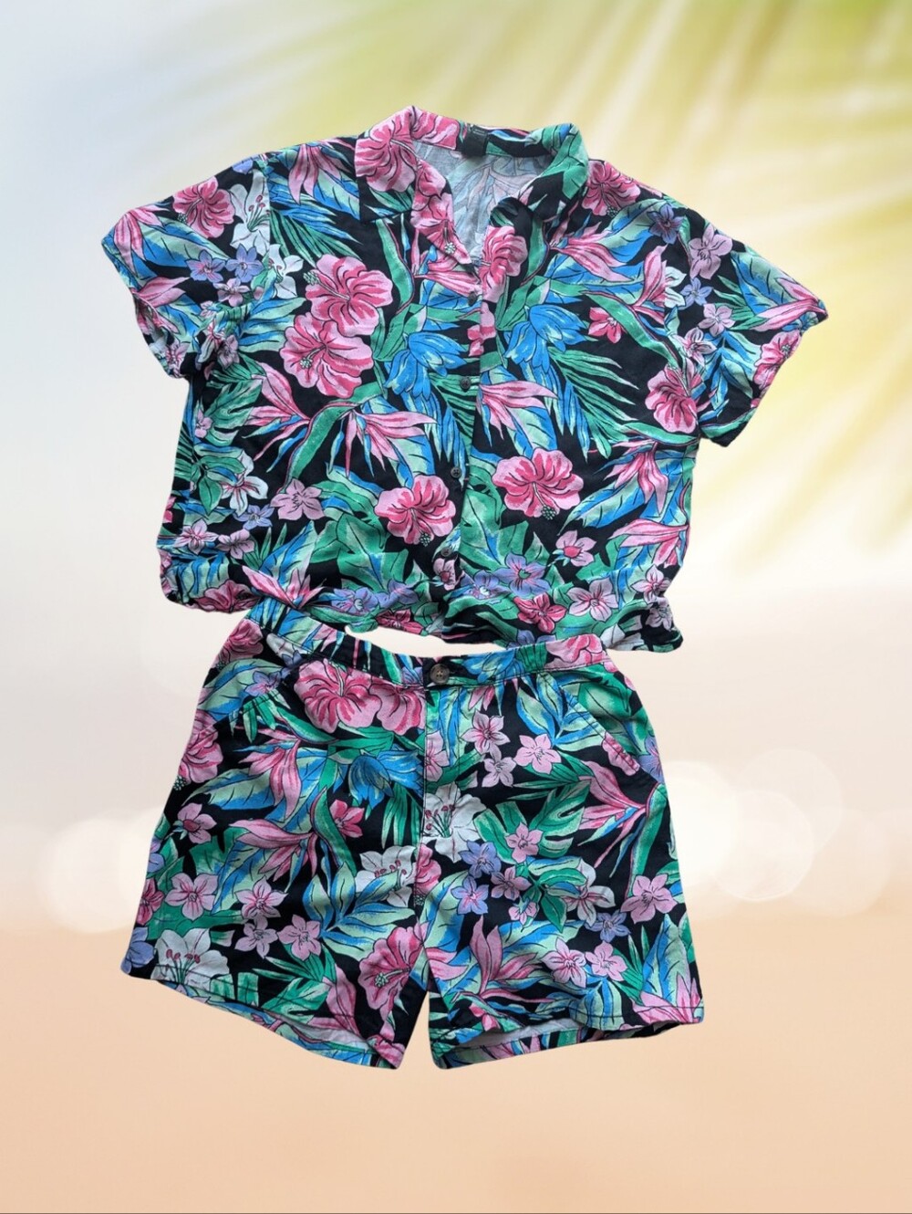 Tropical Hibiscus Hawaiian Print Button Up And High Waist Shorts Set Size Small